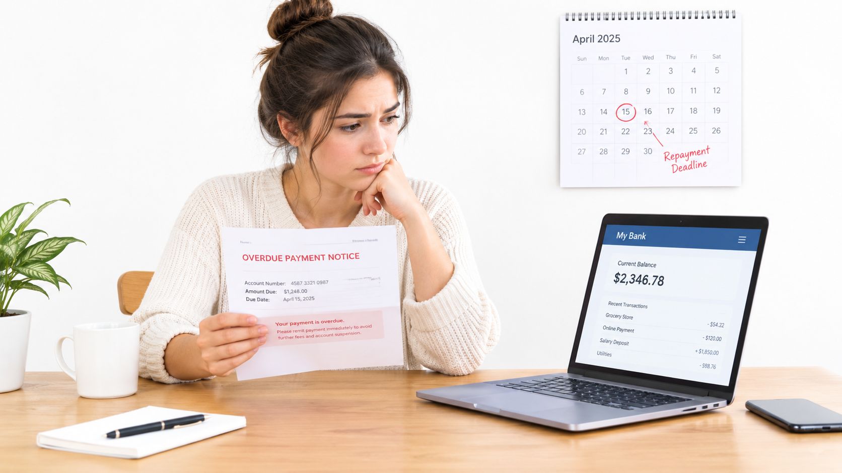 A concerned woman sitting at a desk with an overdue payment notice and a laptop showing banking information.