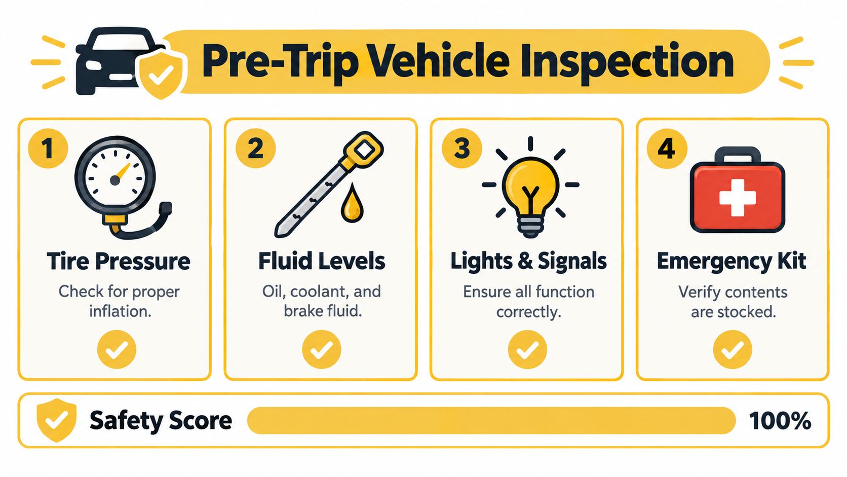 An infographic checklist for a pre-trip vehicle inspection including tire pressure, fluid levels, lights, and emergency kit.