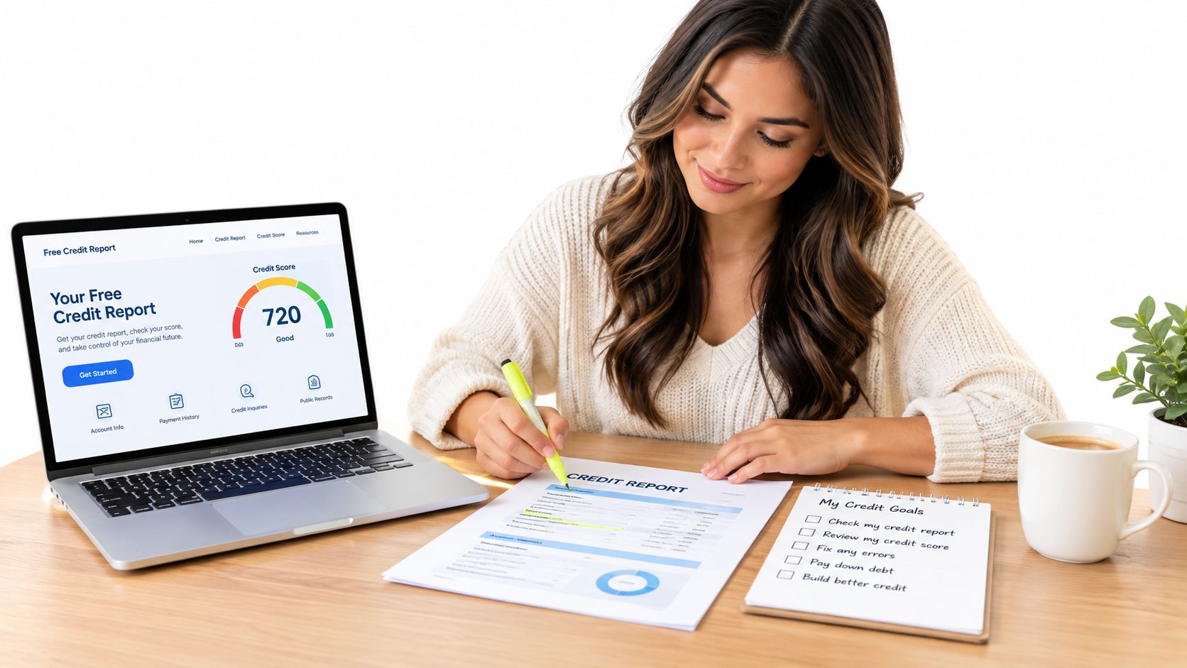A smiling woman reviews her credit report and sets financial goals at her desk with a laptop.