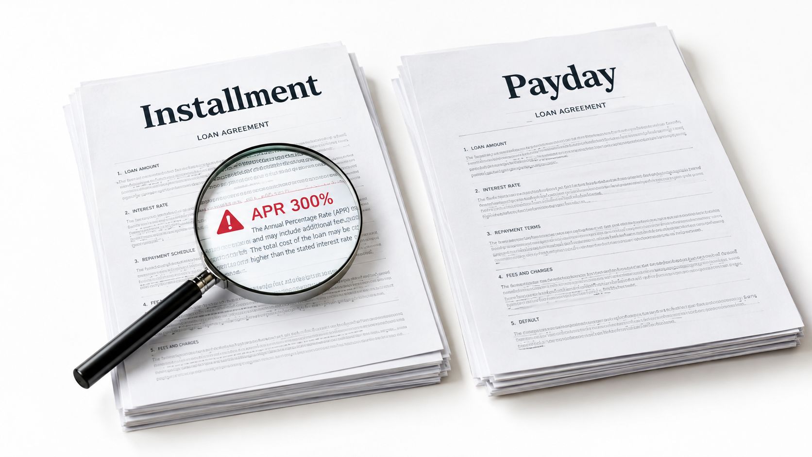 A magnifying glass highlights a high 300% APR on an installment loan agreement next to a payday loan.