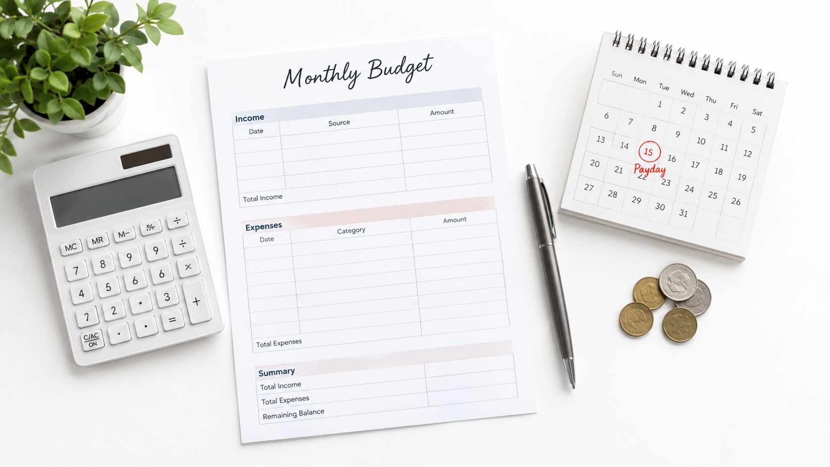 A monthly budget planner sheet with a calculator, pen, calendar, and coins on a white table.