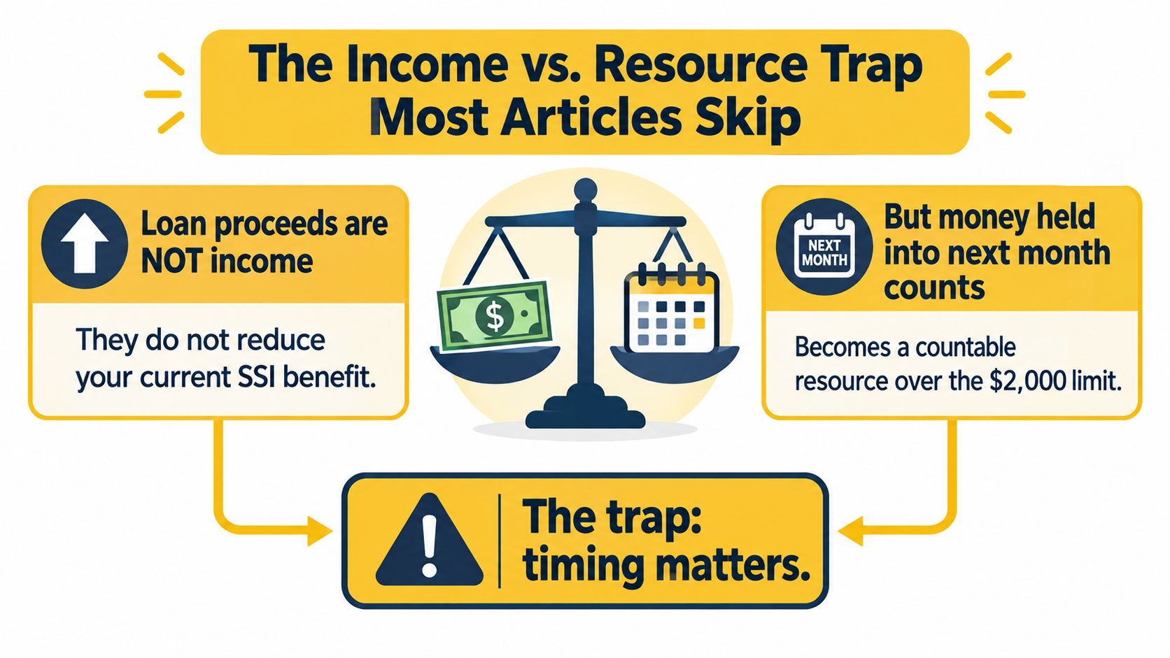 An infographic explaining how loan proceeds are not SSI income but count as resources if held.