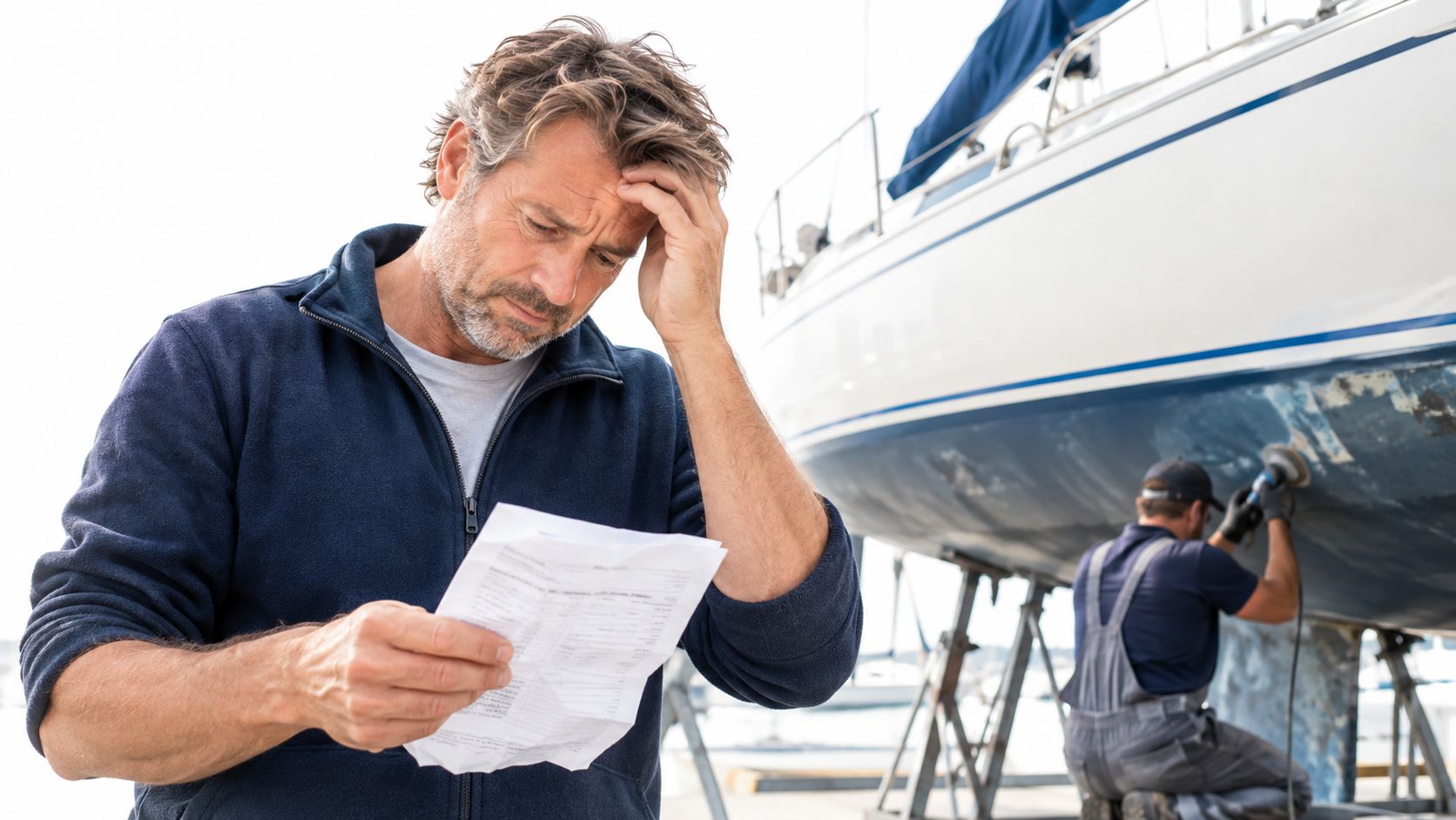 A concerned man reviewing a document with a boat repair technician working in the background.