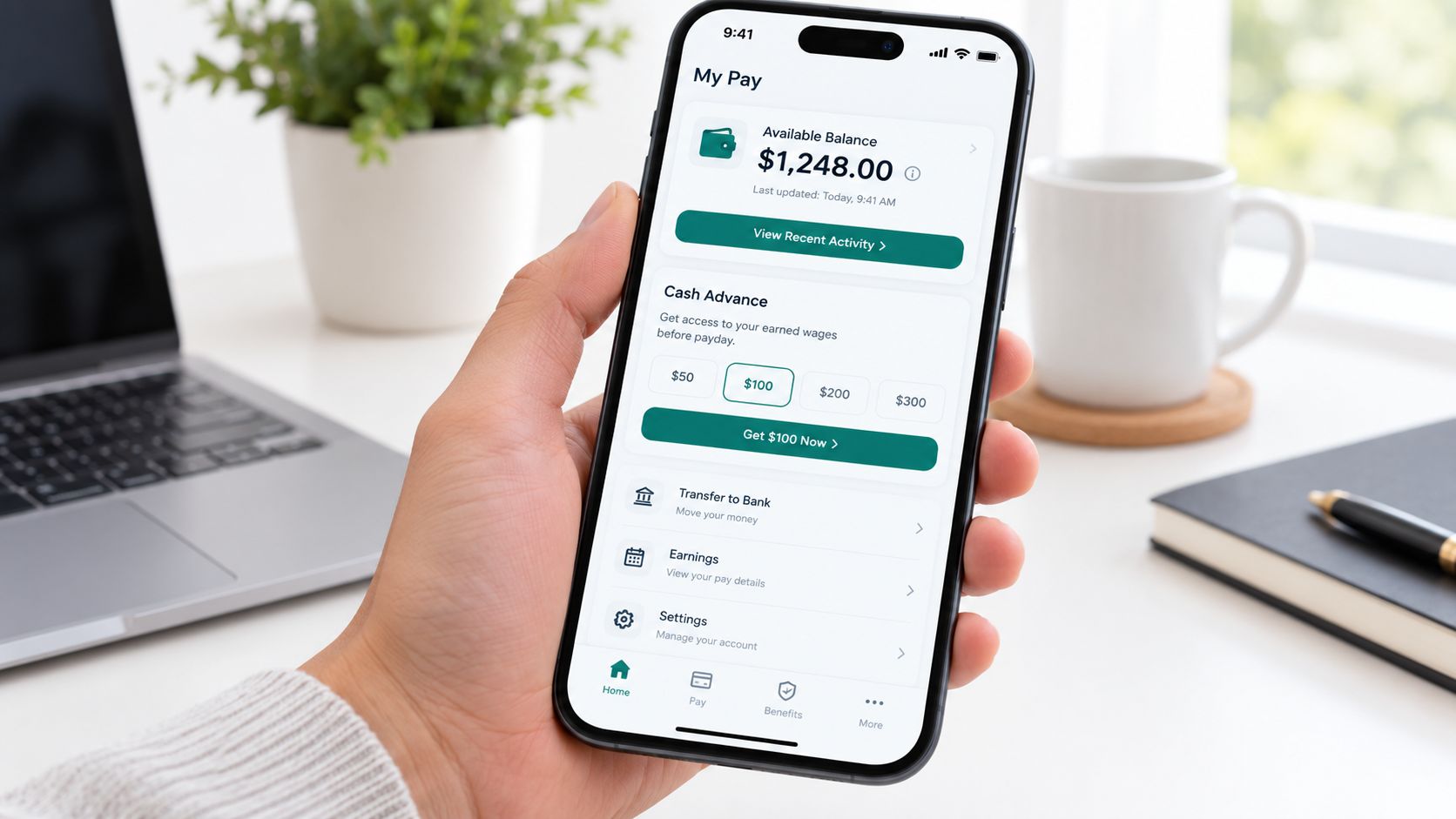 A hand holding a smartphone displaying a mobile banking application interface called My Pay with financial features.