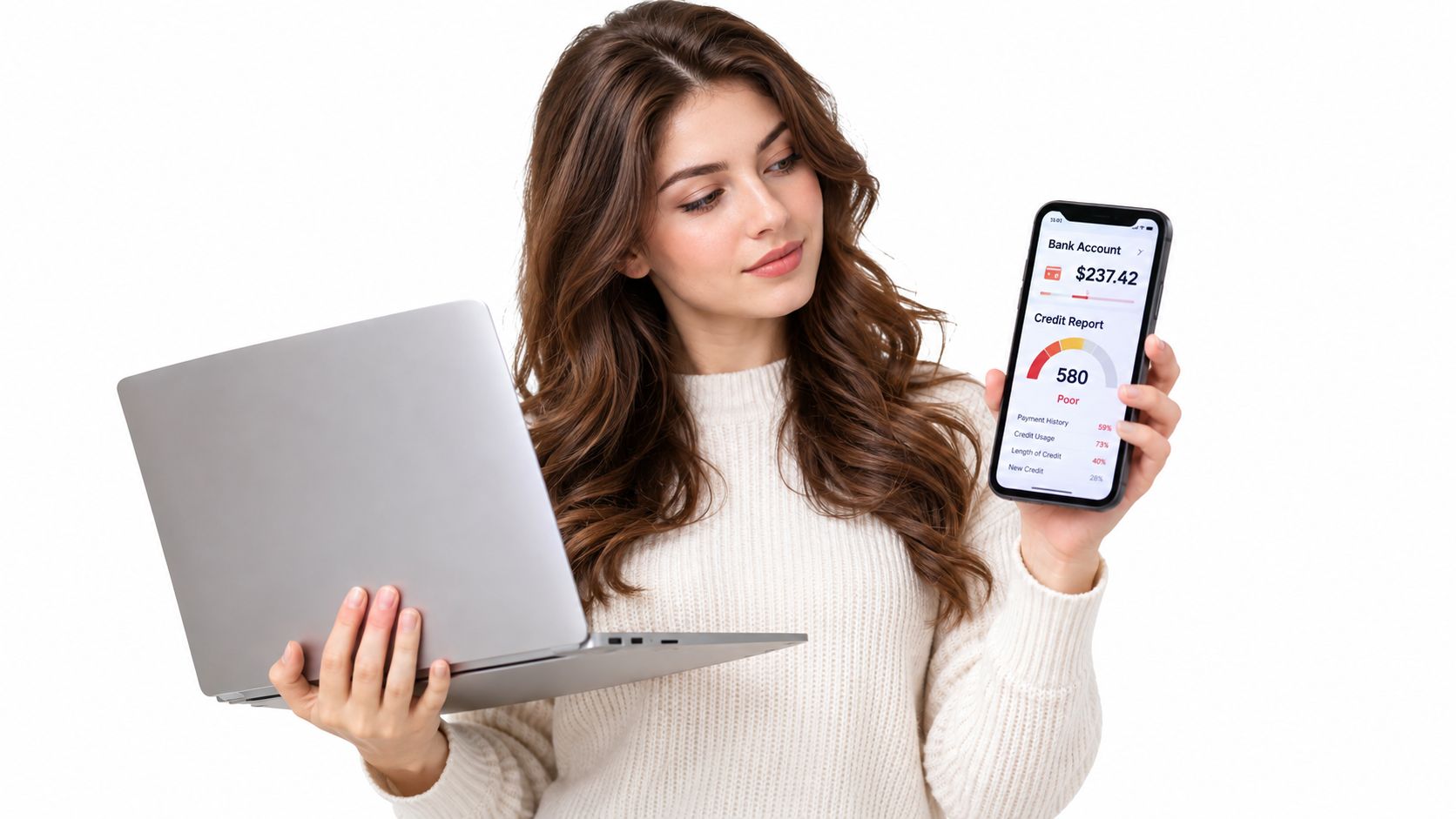 A young woman holding a laptop and smartphone showing a poor credit score and bank account balance.