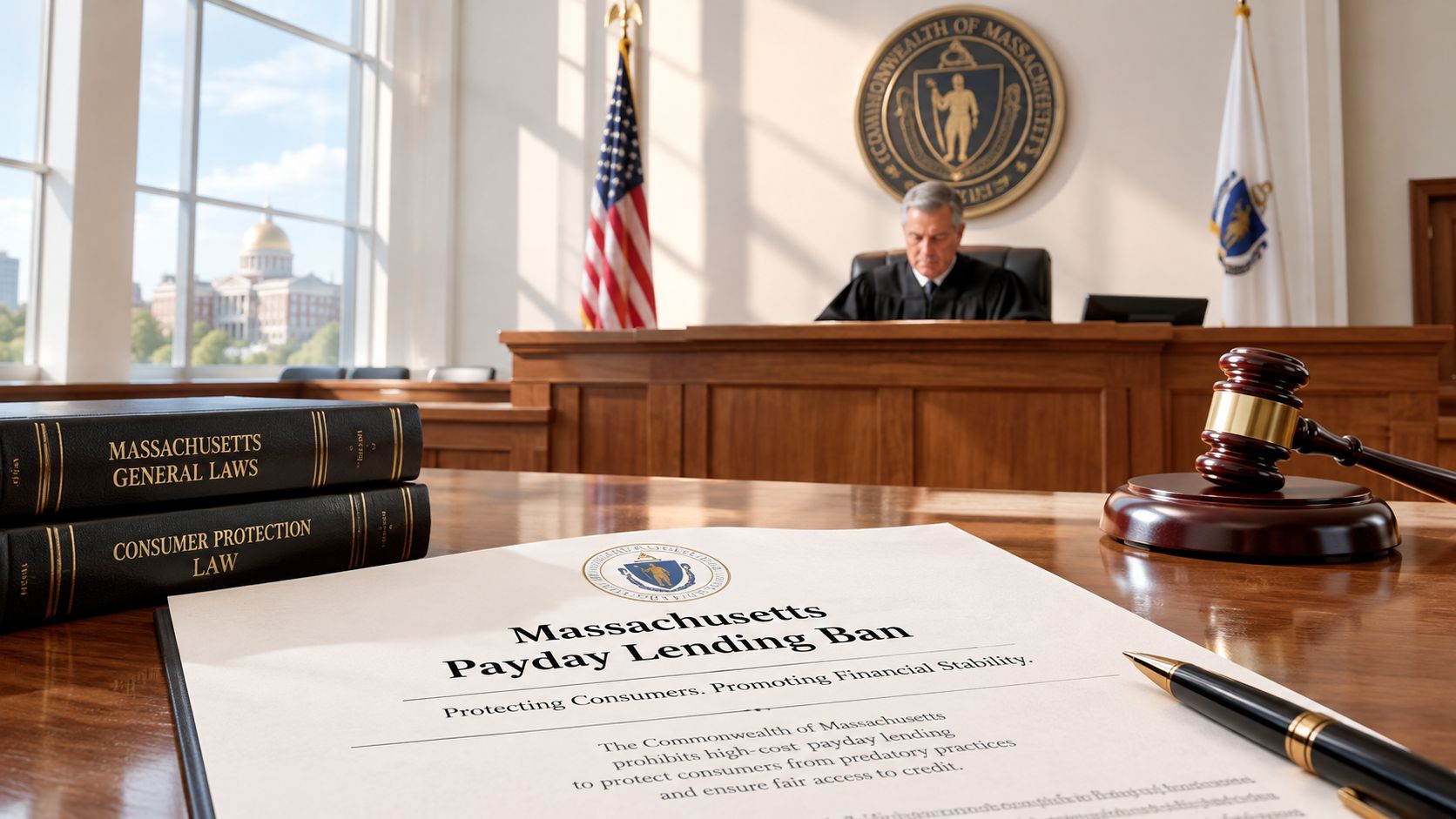 A gavel and legal documents regarding the Massachusetts payday lending ban in a professional courtroom setting.