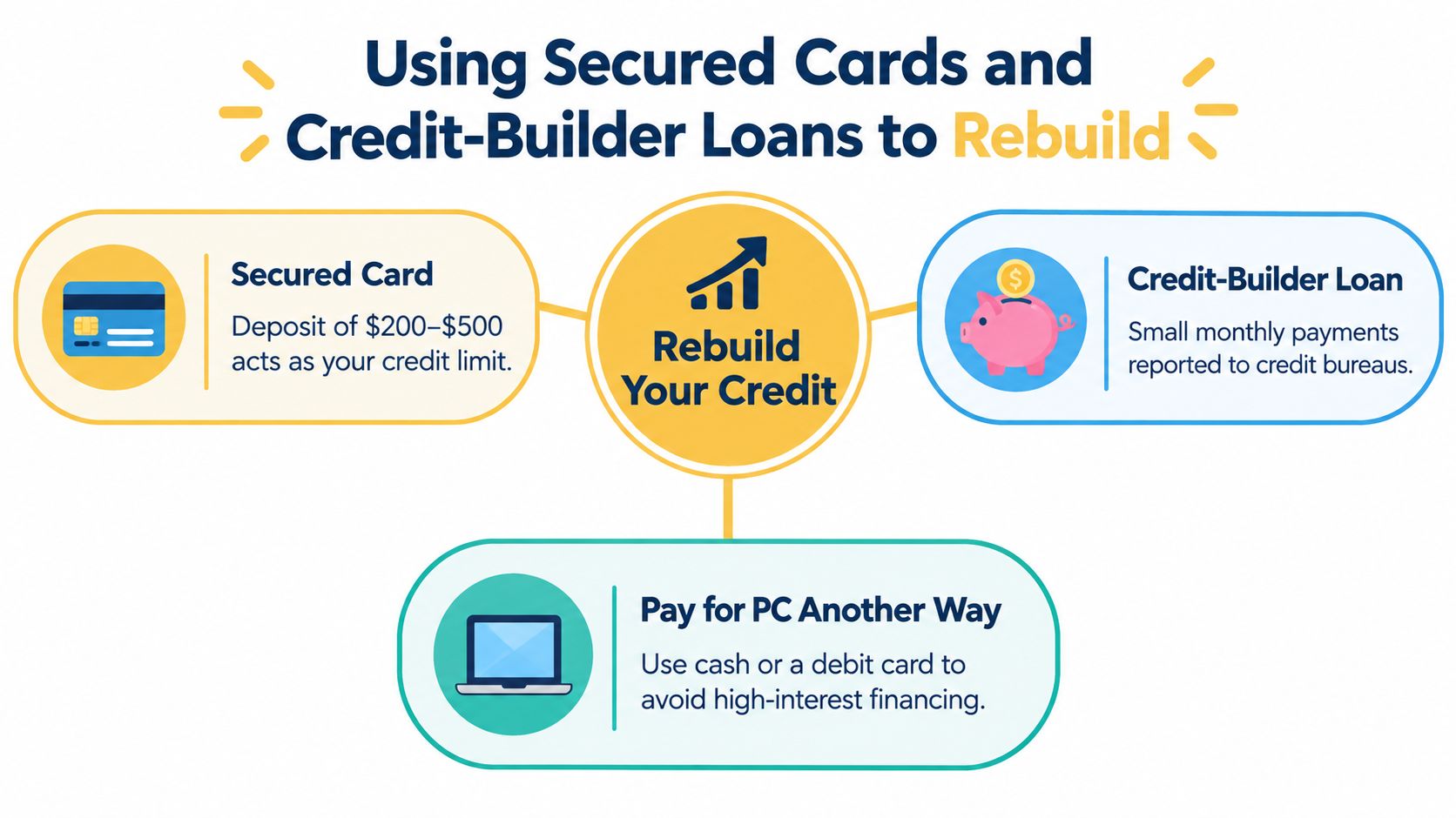 An infographic explaining how to rebuild credit using secured cards, credit-builder loans, and paying for purchases with cash.