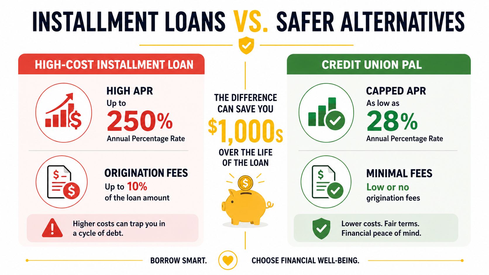 An infographic comparing high-cost installment loans with affordable credit union PAL alternatives, highlighting savings and fees.