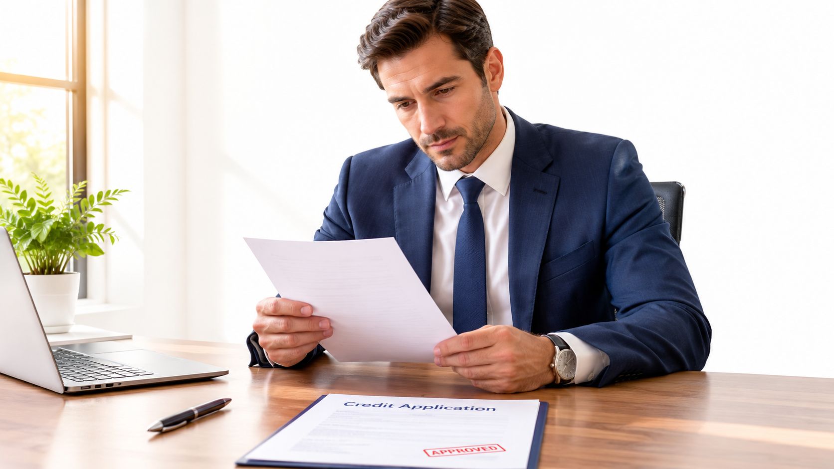 A professional man in a business suit reviewing a document in his well-lit office environment.