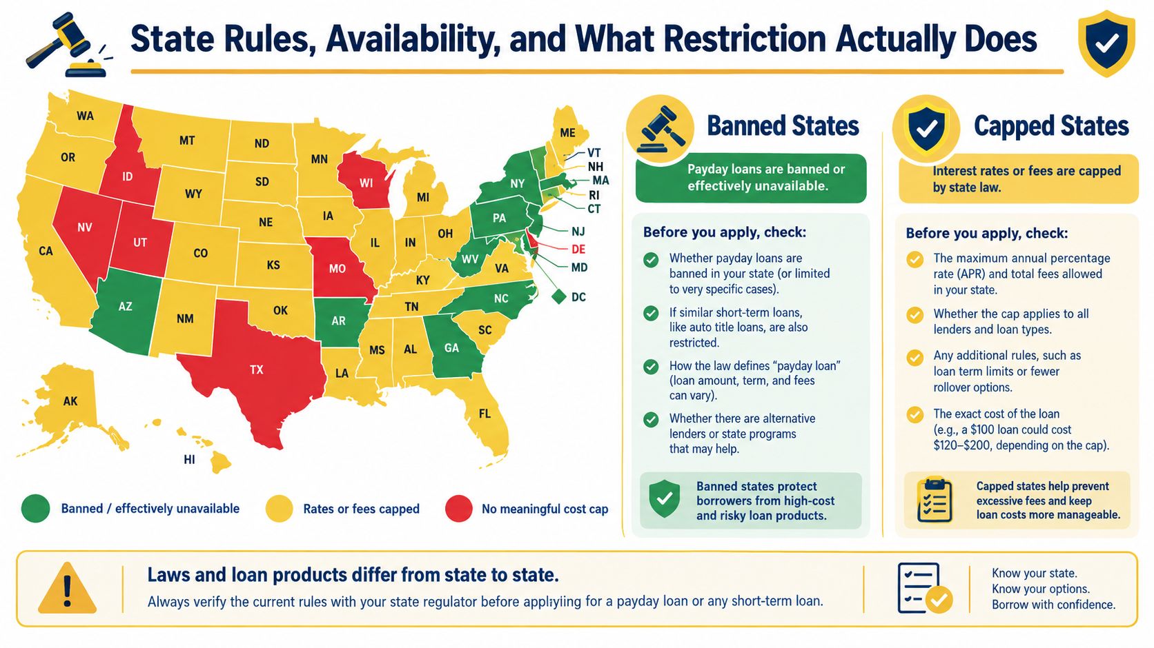 A map of the United States displaying state-specific rules and restrictions regarding payday loan availability and costs.