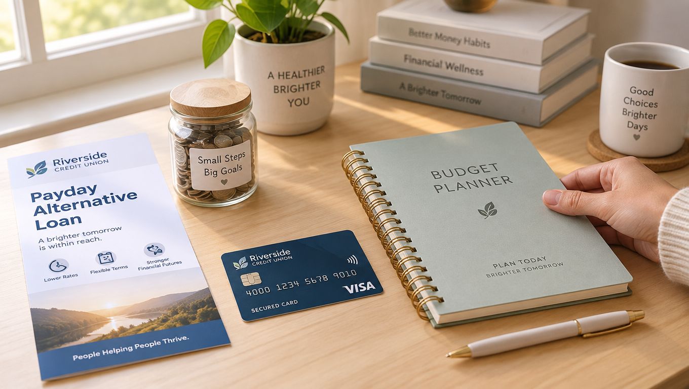 A person organizing finances with a budget planner, a Riverside credit card, and a loan brochure on a desk.