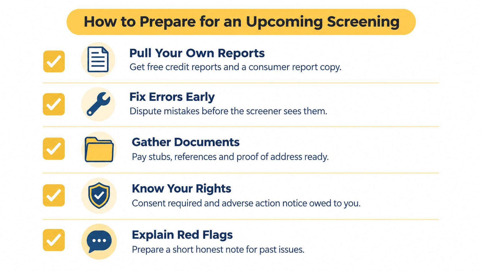 A checklist infographic titled How to Prepare for an Upcoming Screening with five essential preparation tips.