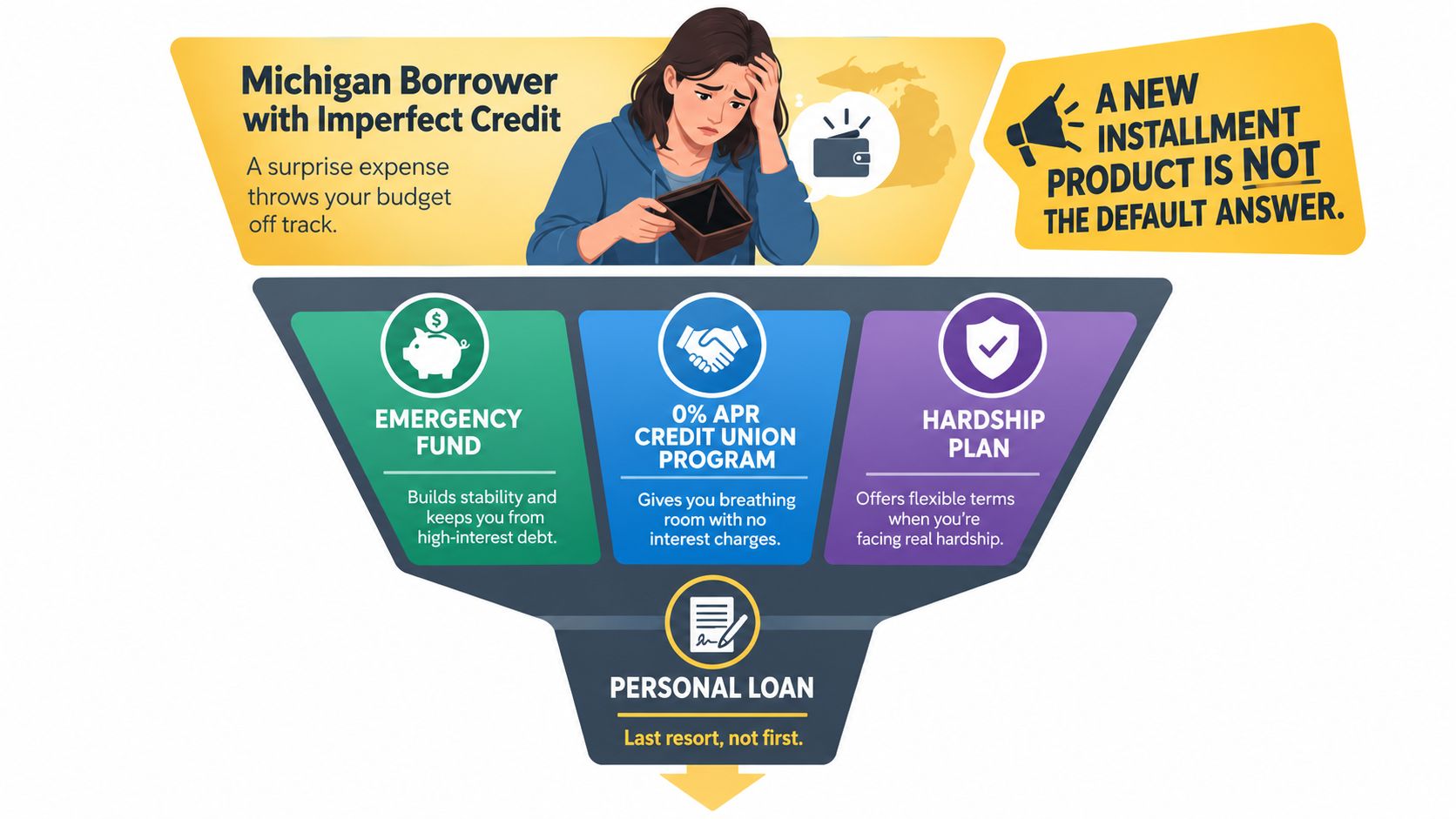 A visual guide for Michigan borrowers on financial alternatives to high-interest personal loans during emergencies.
