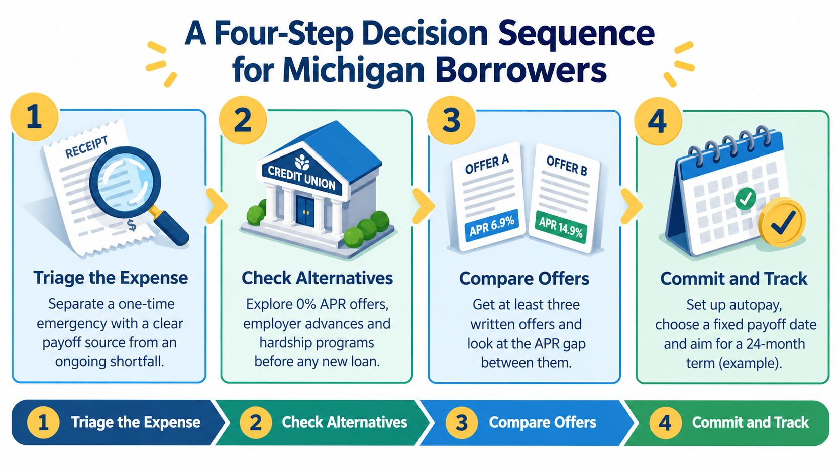 A four-step infographic illustrating a decision-making sequence for Michigan residents considering taking out a personal loan.