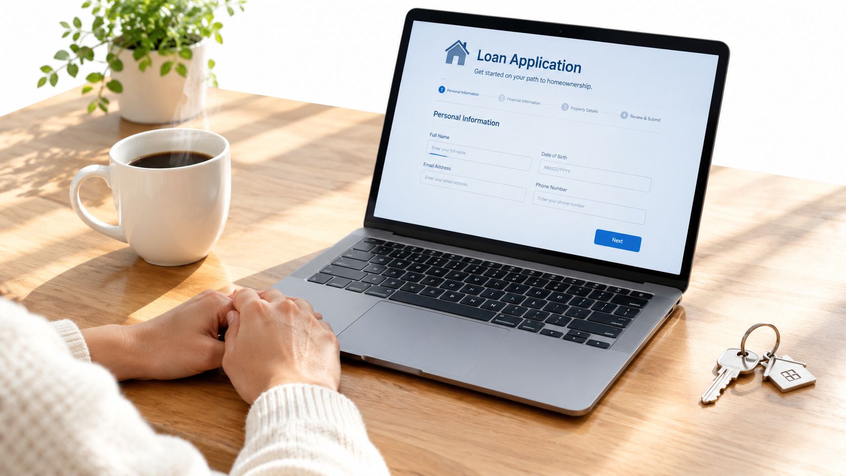 A person uses a laptop to fill out an online loan application while sitting at a wooden desk.